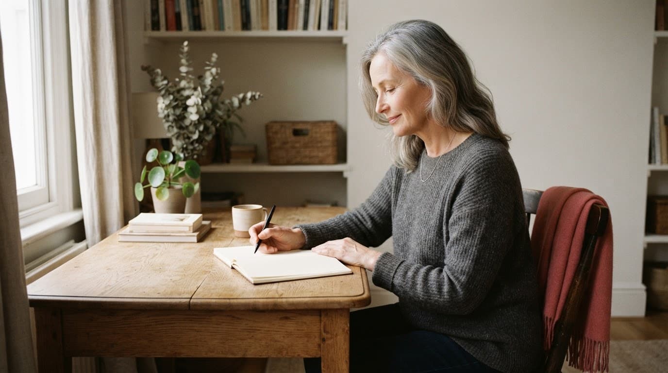 Older woman writing in a notebook at a wooden desk beside soft daylight.