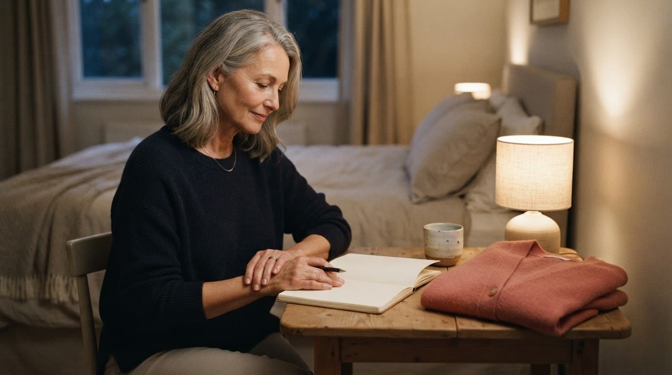 Woman writing in a journal beside a lamp and glass of water before bed.