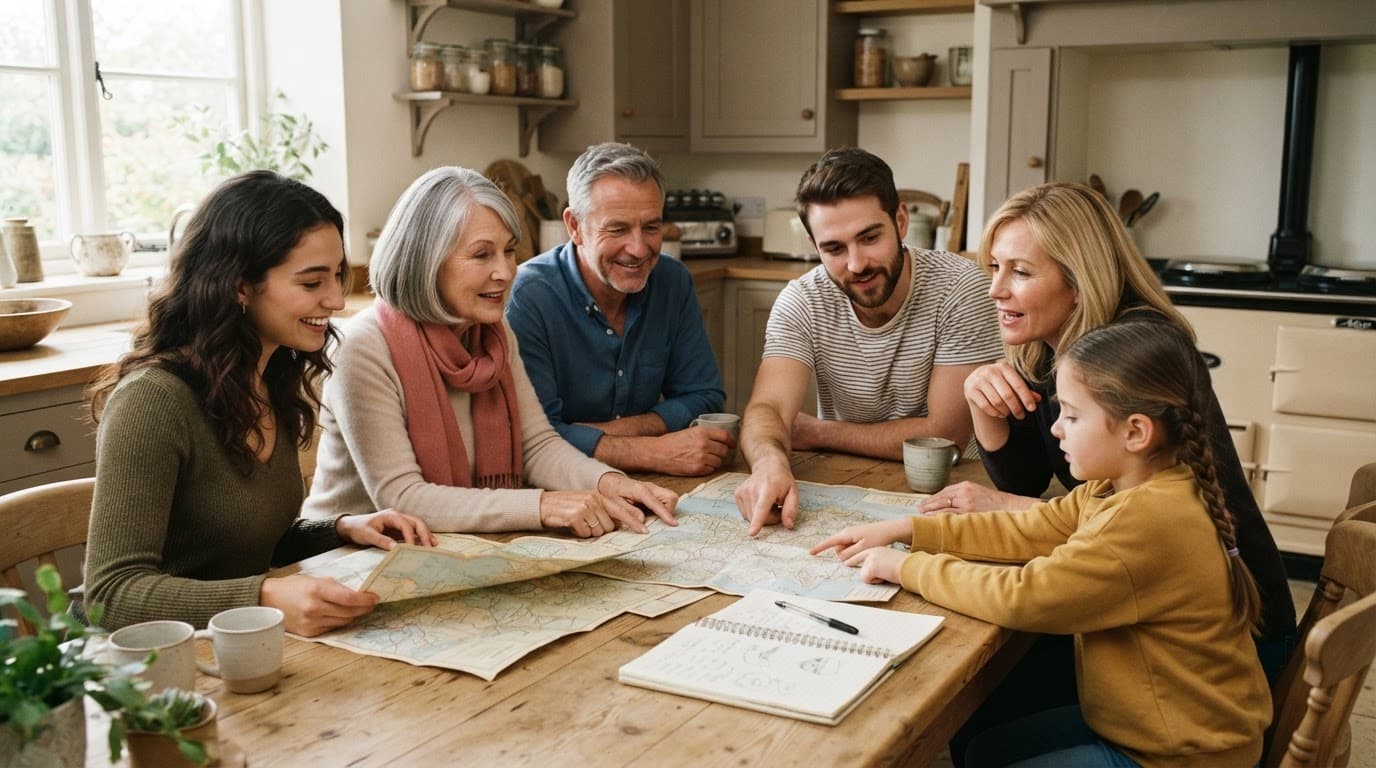 Six family members discuss plans around a kitchen table with maps and a notebook.
