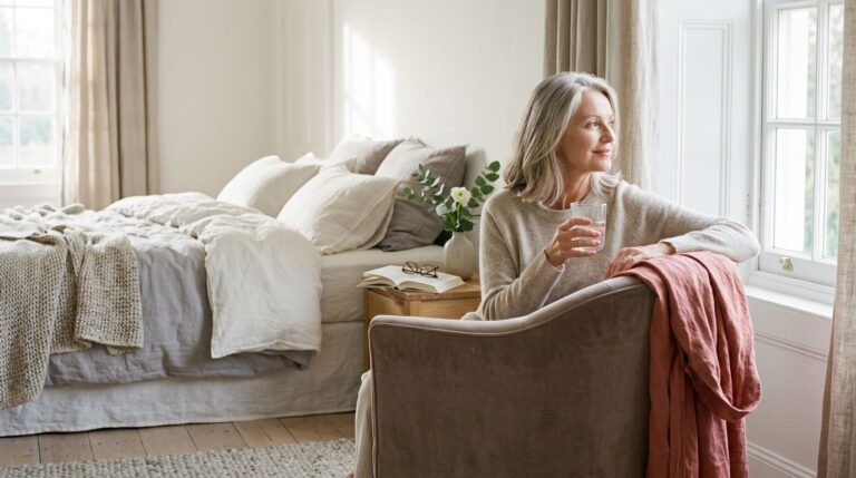 A mature woman drinks water beside a sunny window in a calm bedroom.
