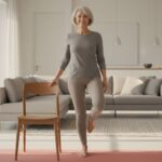 Older woman doing a supported single-leg balance beside a wooden chair at home.