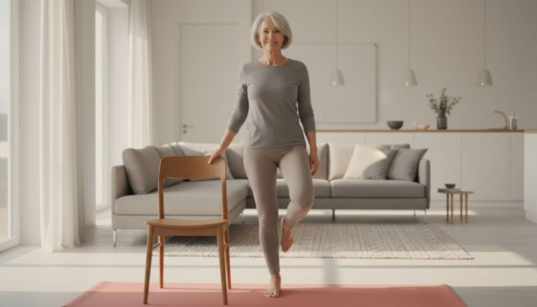 Older woman doing a supported single-leg balance beside a wooden chair at home.