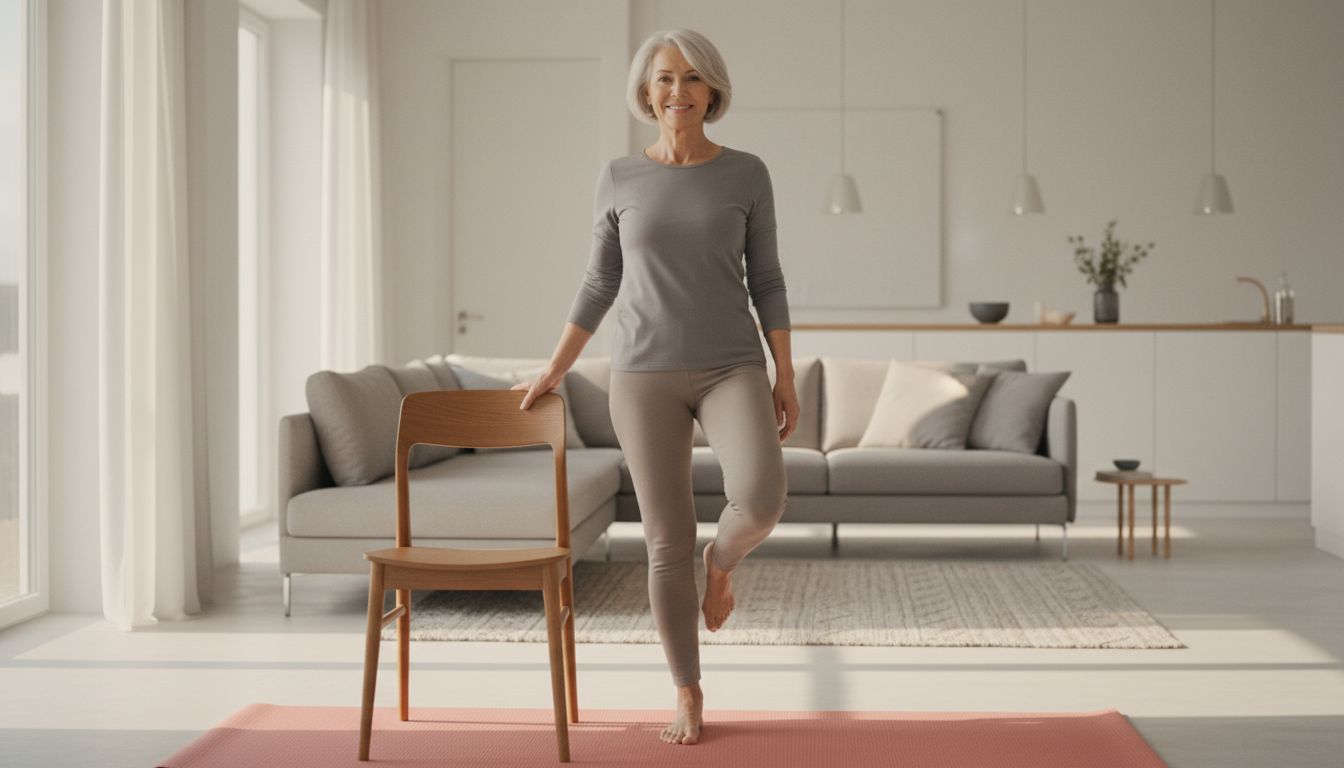 Older woman doing a supported single-leg balance beside a wooden chair at home.
