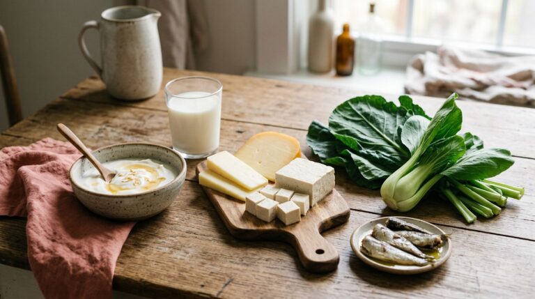 Yogurt, milk, cheese, tofu, greens, bok choy, and small fish arranged on a kitchen table.