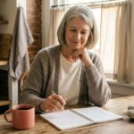 A retired woman plans her day at a sunny kitchen table with coffee and walking shoes.