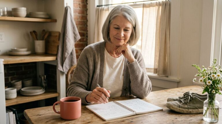 A retired woman plans her day at a sunny kitchen table with coffee and walking shoes.
