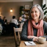 A confident woman in a café sits beside a coffee cup before a first date.