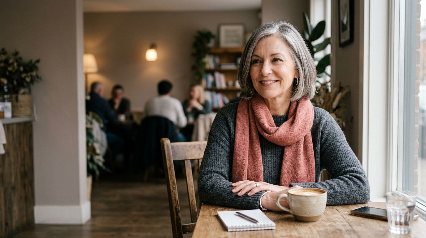 A confident woman in a café sits beside a coffee cup before a first date.