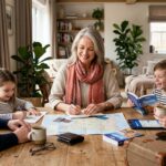 A multigenerational family plans a trip around a table with a map and travel items.