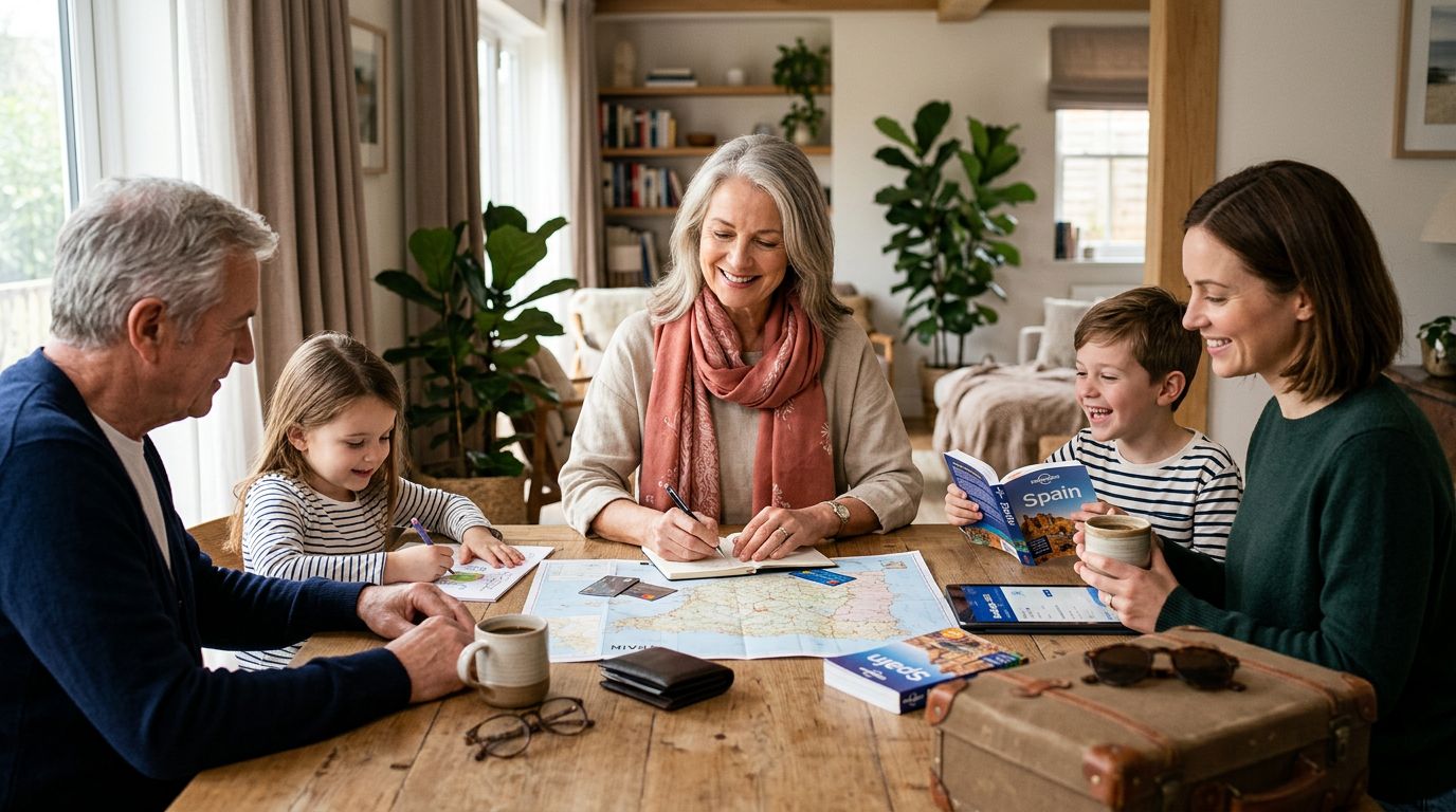 A multigenerational family plans a trip around a table with a map and travel items.