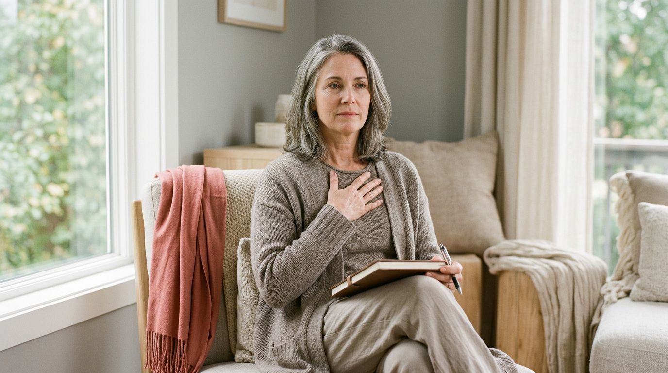 A woman holds a journal beside a sunny window.