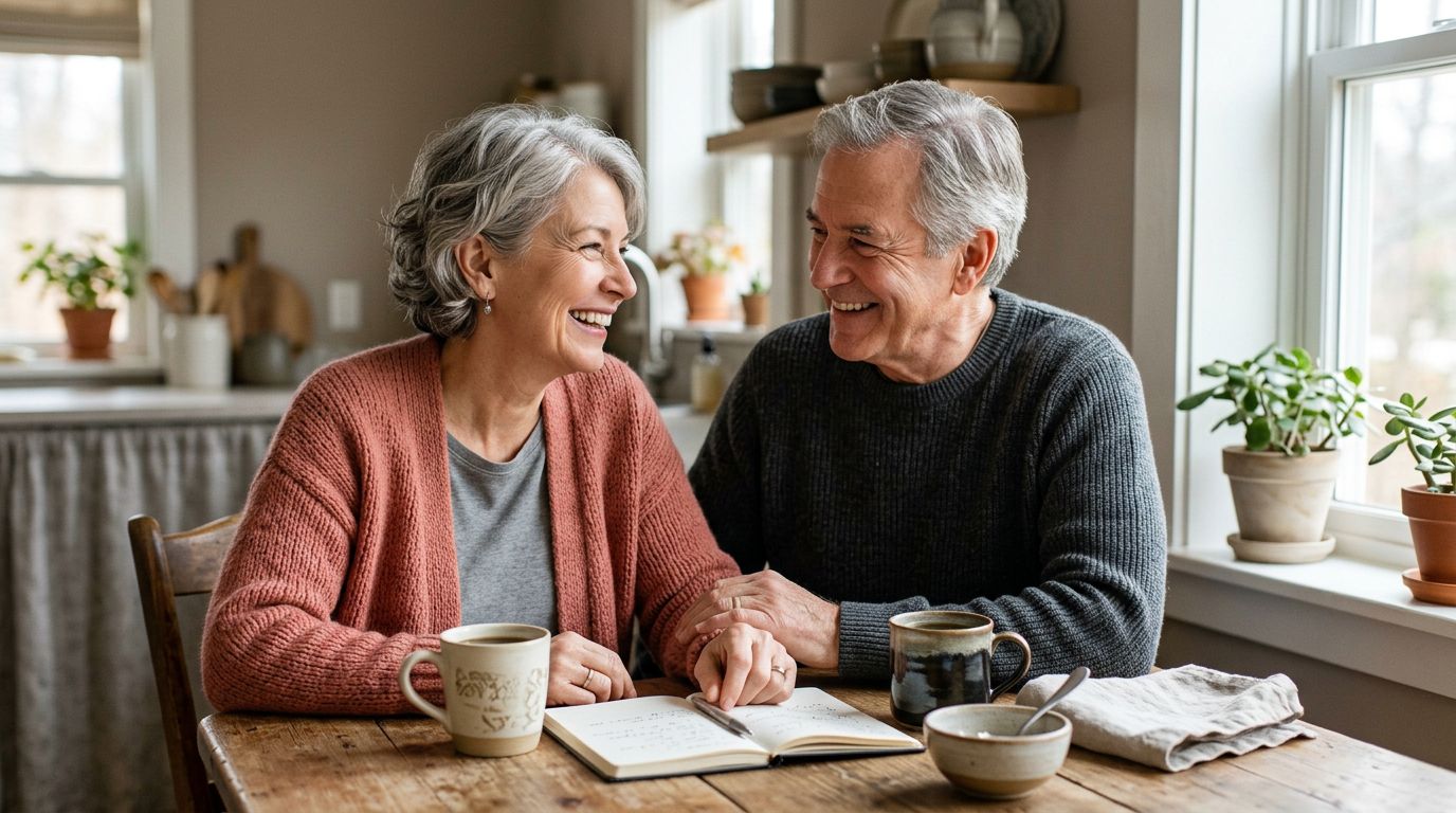 A retired couple smiles together over coffee at a bright kitchen table.