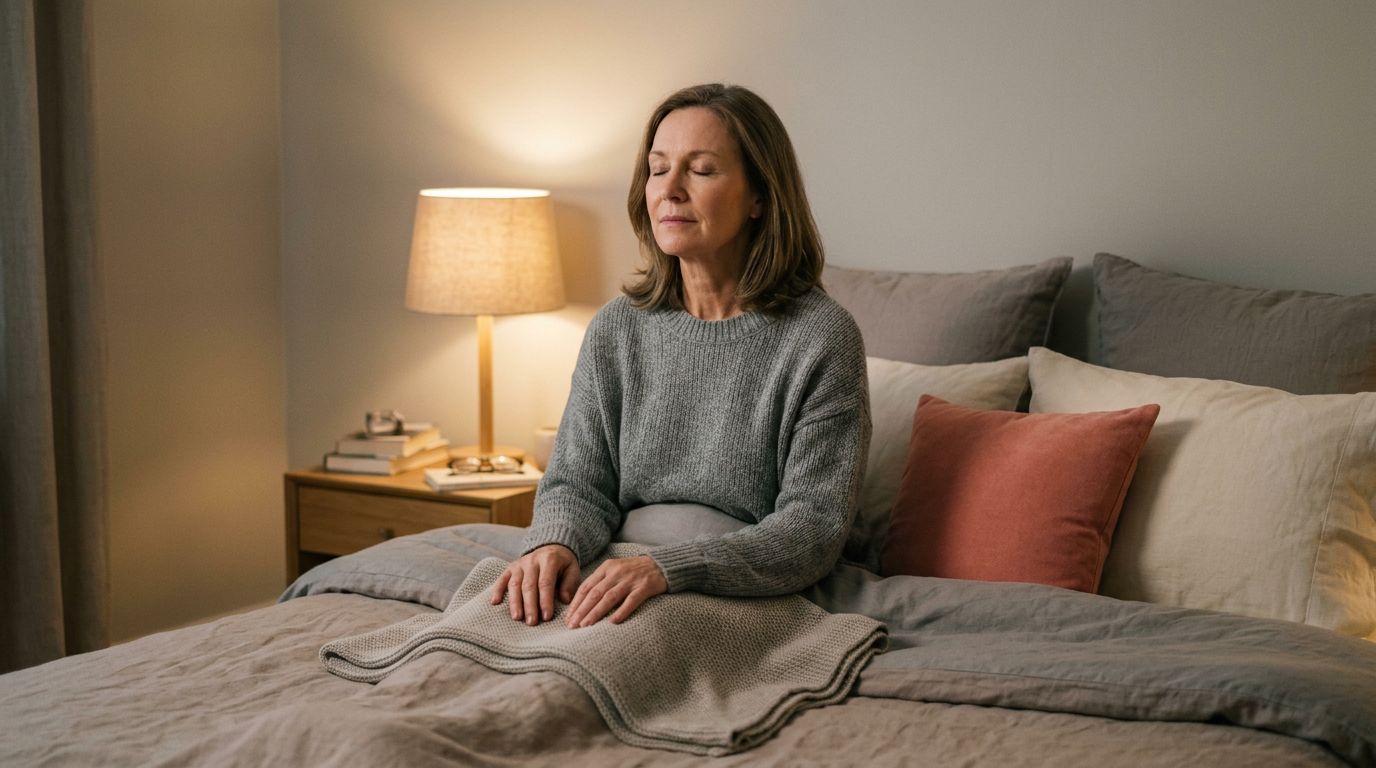Older woman sitting calmly in bed beside a warm bedside lamp.