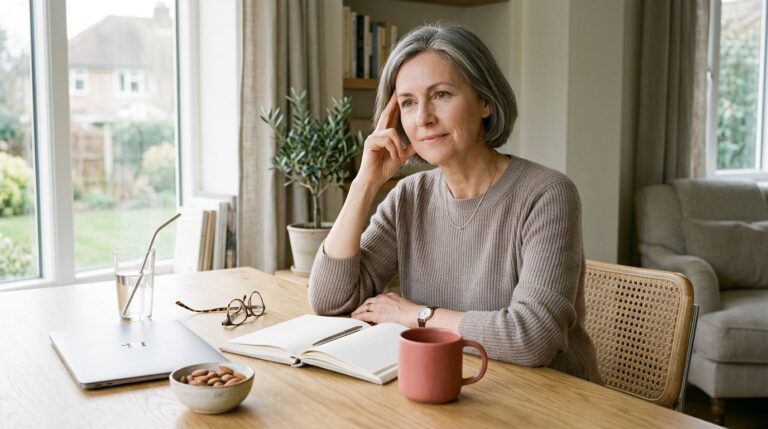 Woman pausing at a desk with a notebook, laptop, water, glasses, and almonds.