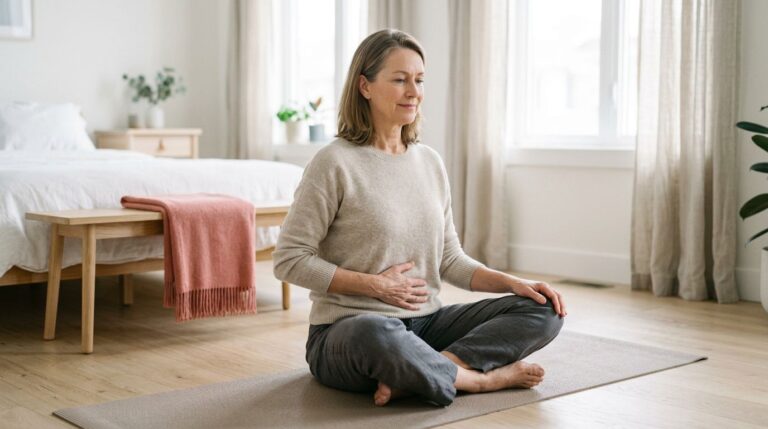 Woman over 50 practicing pelvic floor exercises on a yoga mat at home.