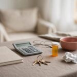 Retirement planning items sit on a taupe table beside a softly lit armchair.