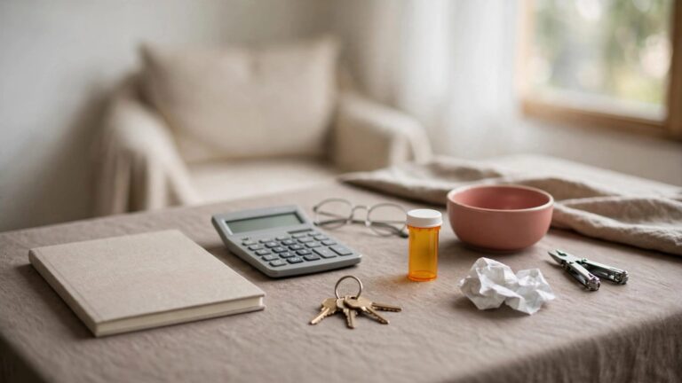 Retirement planning items sit on a taupe table beside a softly lit armchair.