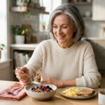 Smiling older woman reaching for yogurt, eggs, berries, and nuts at a sunny kitchen table.