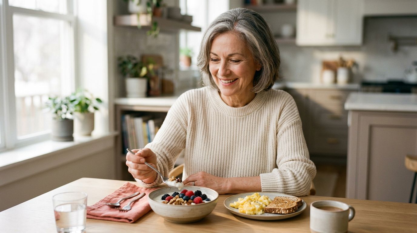 Smiling older woman reaching for yogurt, eggs, berries, and nuts at a sunny kitchen table.