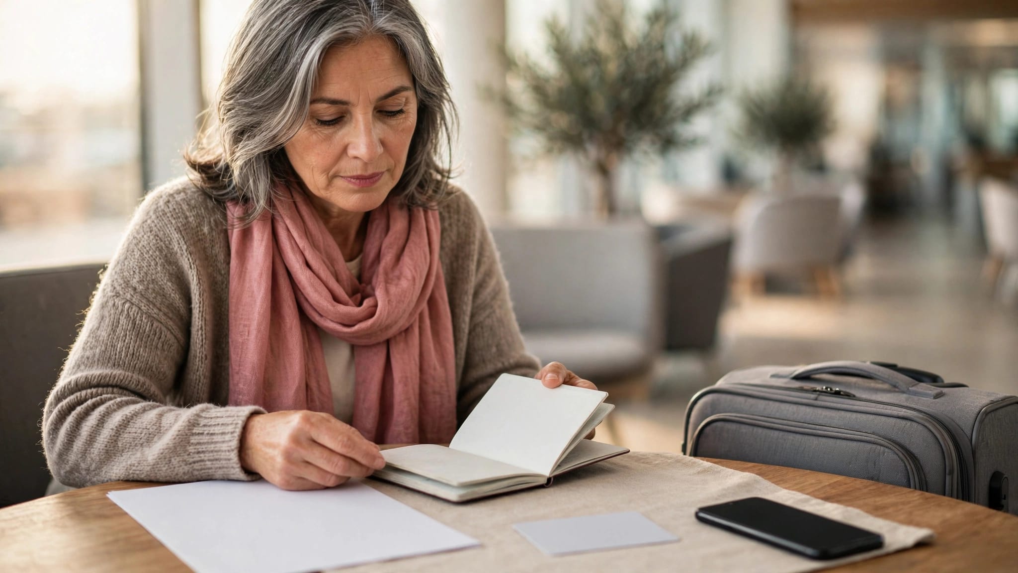Woman reviewing travel documents beside a packed suitcase in an airport lounge.
