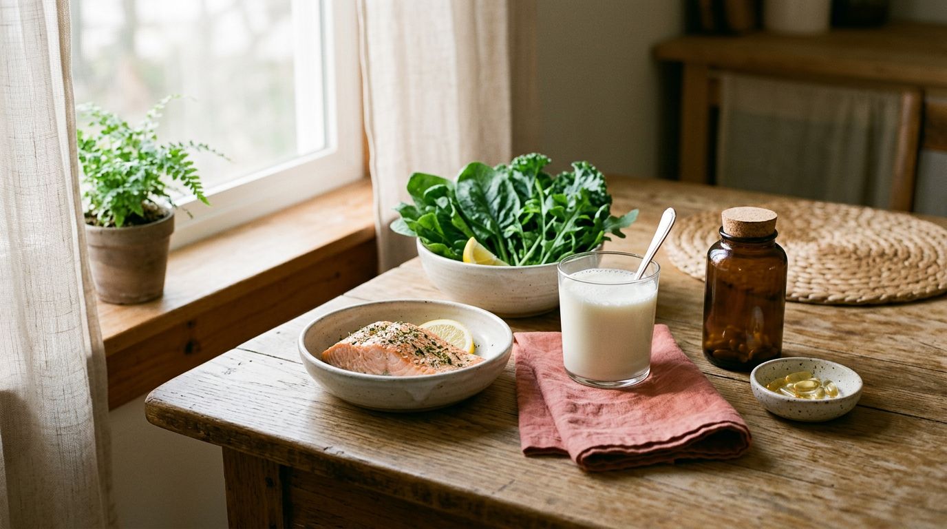 Salmon, milk, greens, and a supplement bottle arranged on a sunlit kitchen table.