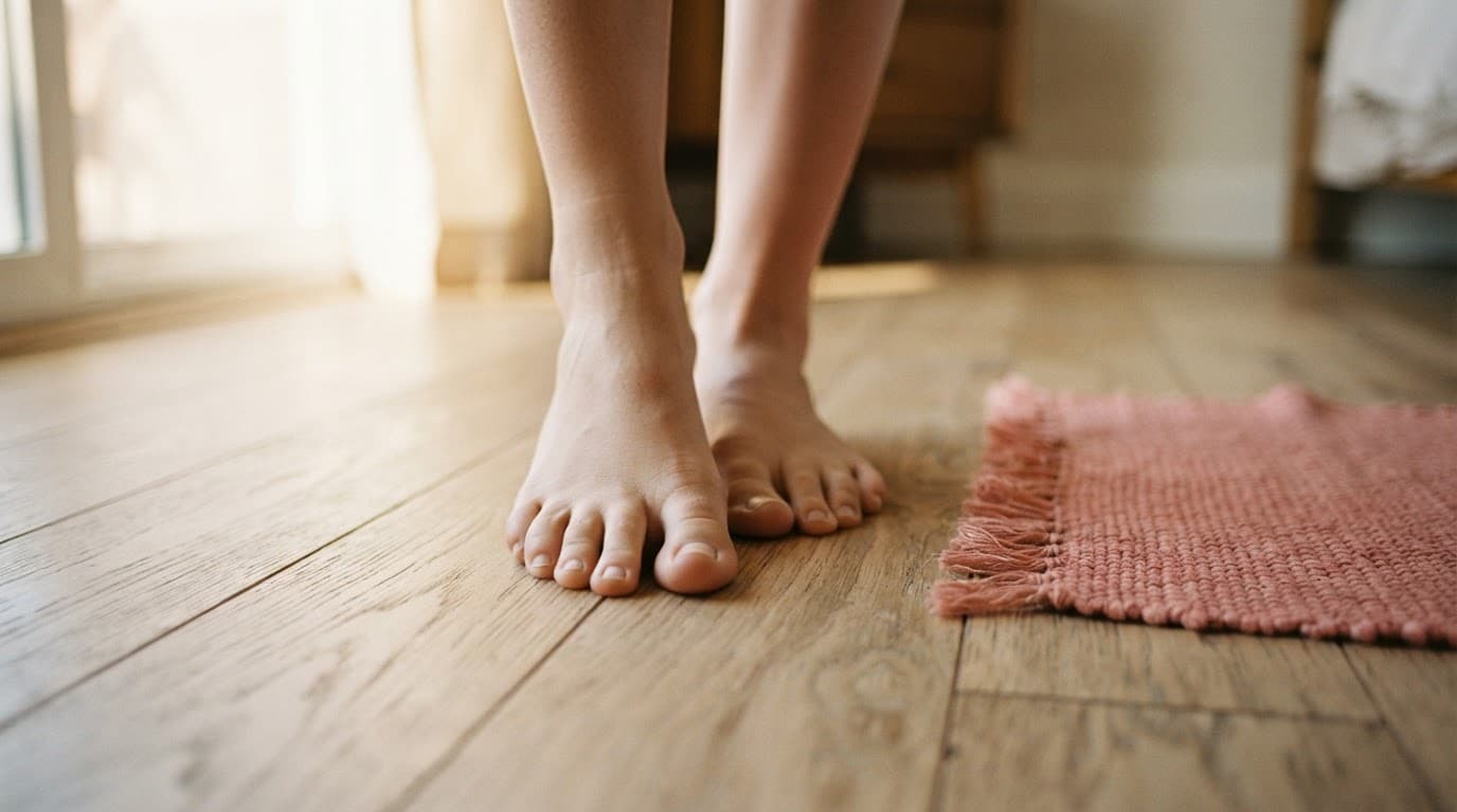 Bare feet walking heel to toe across a wooden floor beside a dusty rose mat.
