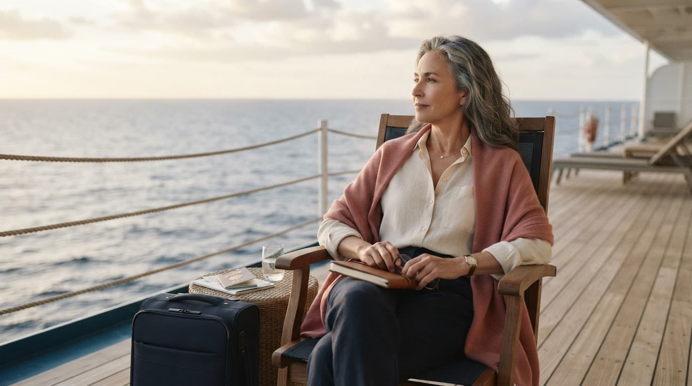 A mature woman relaxing on a cruise deck with a suitcase and travel papers nearby.