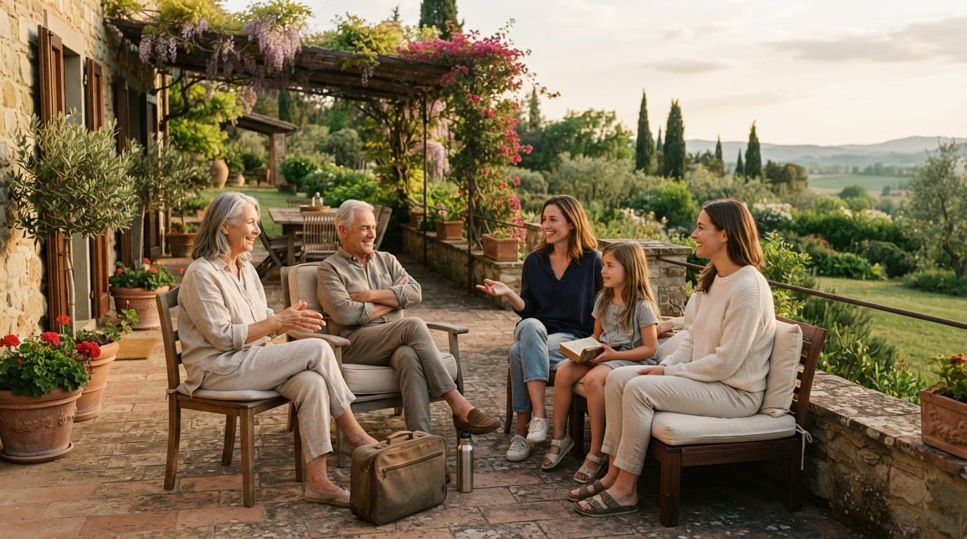 Five relatives relax together on a shaded villa terrace beside a suitcase and garden.