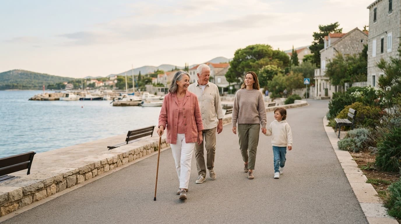 Four family members walk together along an accessible waterfront path.