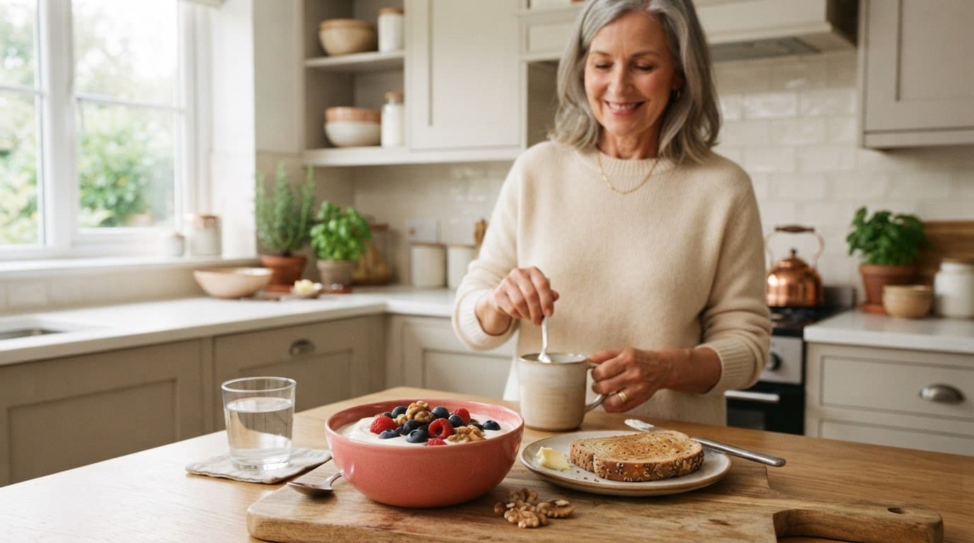 Woman preparing yogurt, berries, walnuts, toast, and water in a bright kitchen.