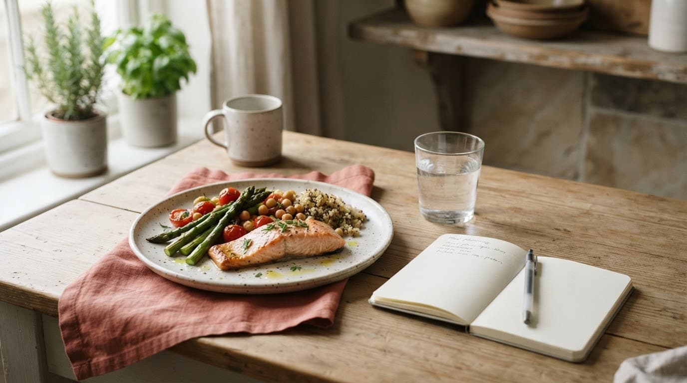 A kitchen table holds a plate of food, water glass, notebook, and pen.