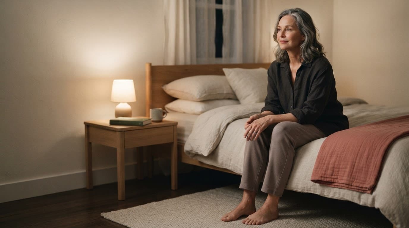 A woman sits peacefully on her bed beside a lamp and coral blanket.