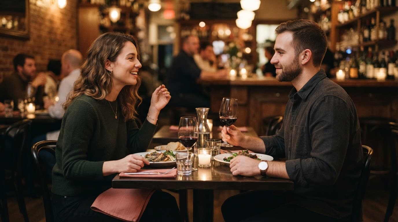 Two people share a relaxed dinner conversation at a warmly lit restaurant table.