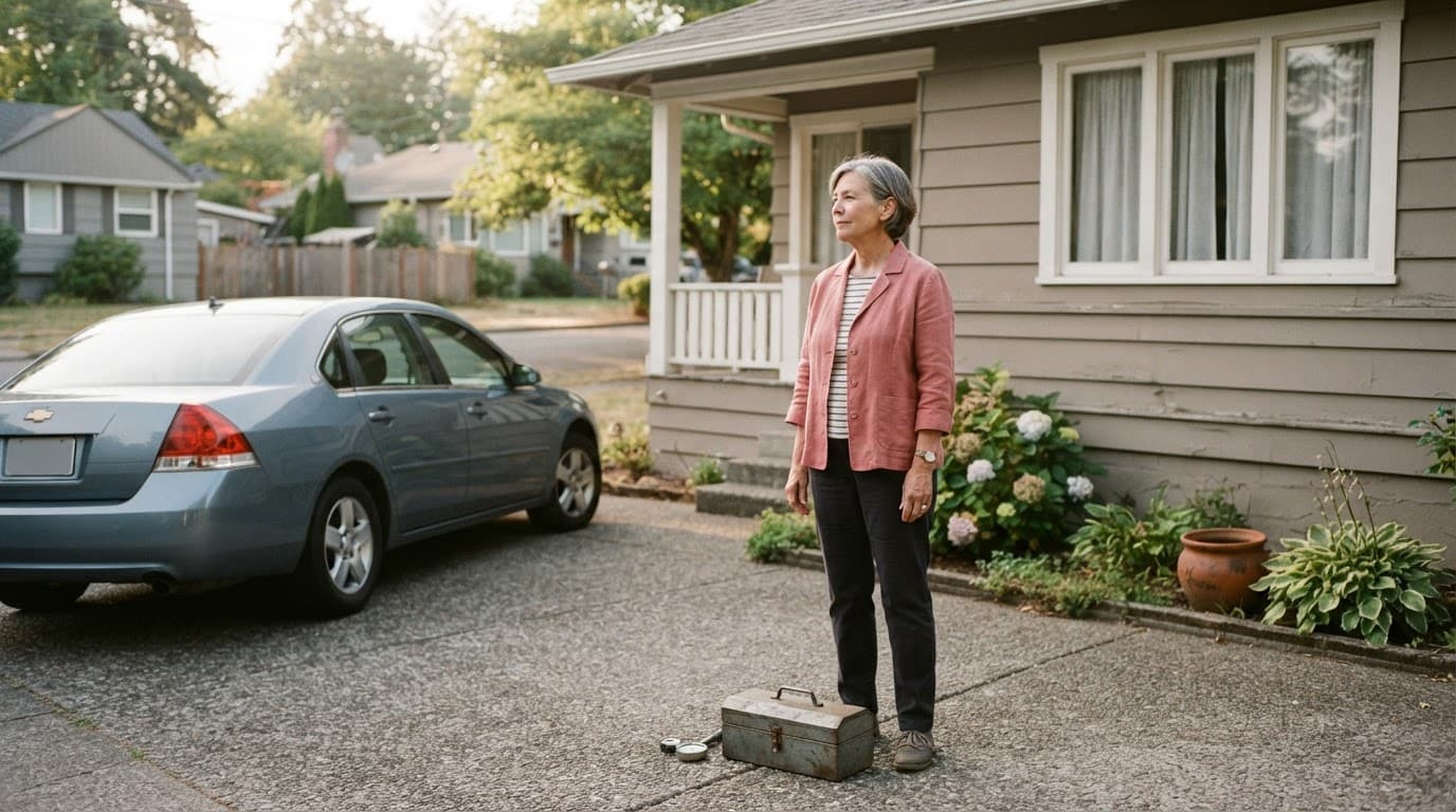 Older woman viewing her home beside a parked car, toolbox, and garden.