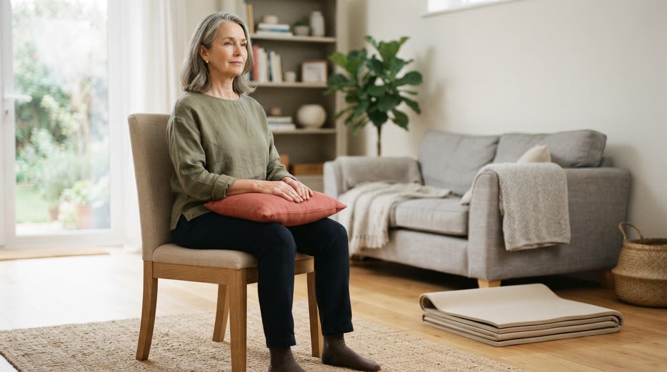 Older woman seated calmly on a chair with a folded exercise mat nearby.