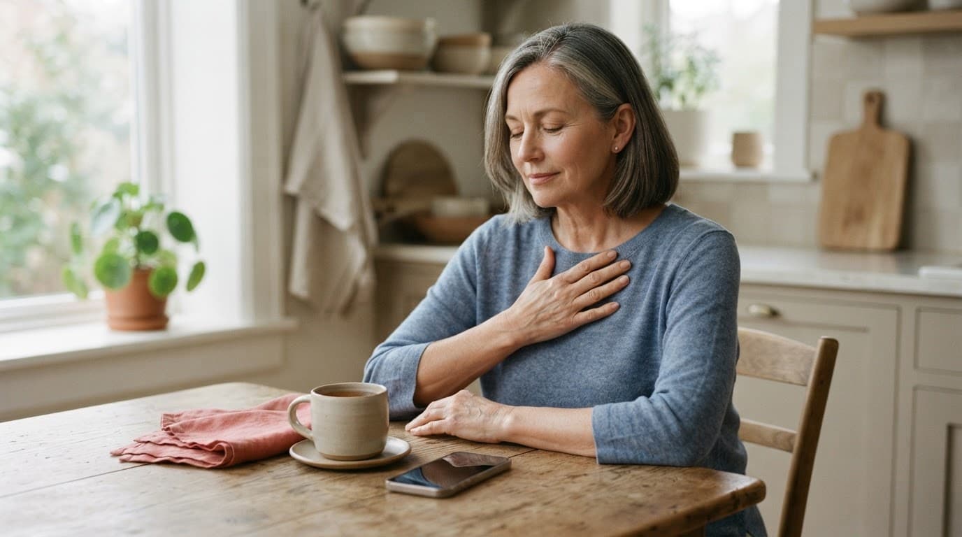 A woman pauses at a kitchen table with one hand on her chest and a mug nearby.