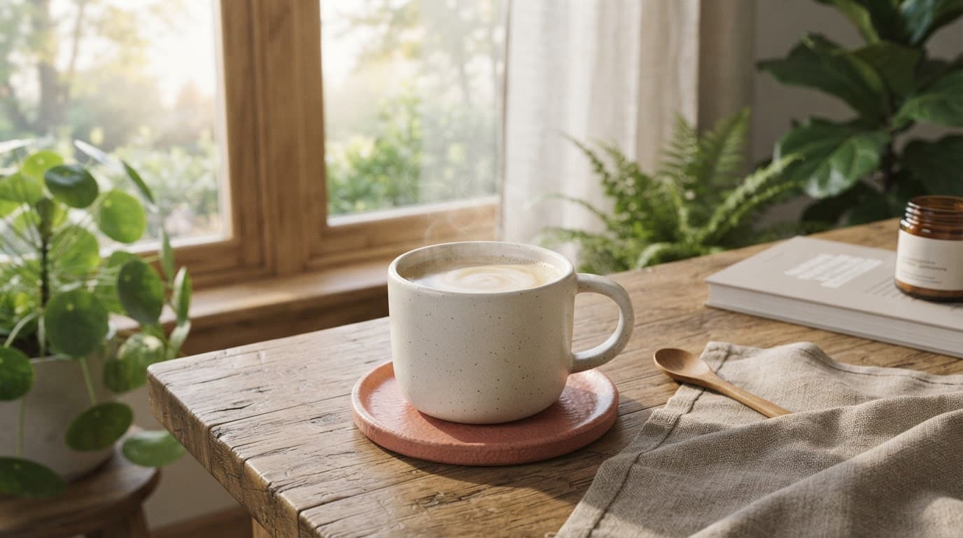 A warm drink in a mug sits on a wooden table beside a coral coaster.