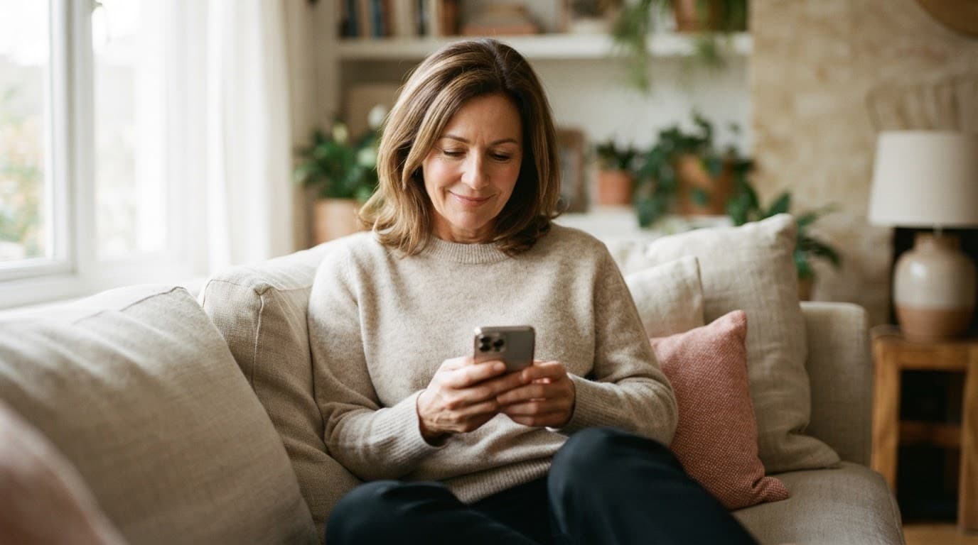Woman smiling gently at a smartphone on a beige sofa in soft window light.