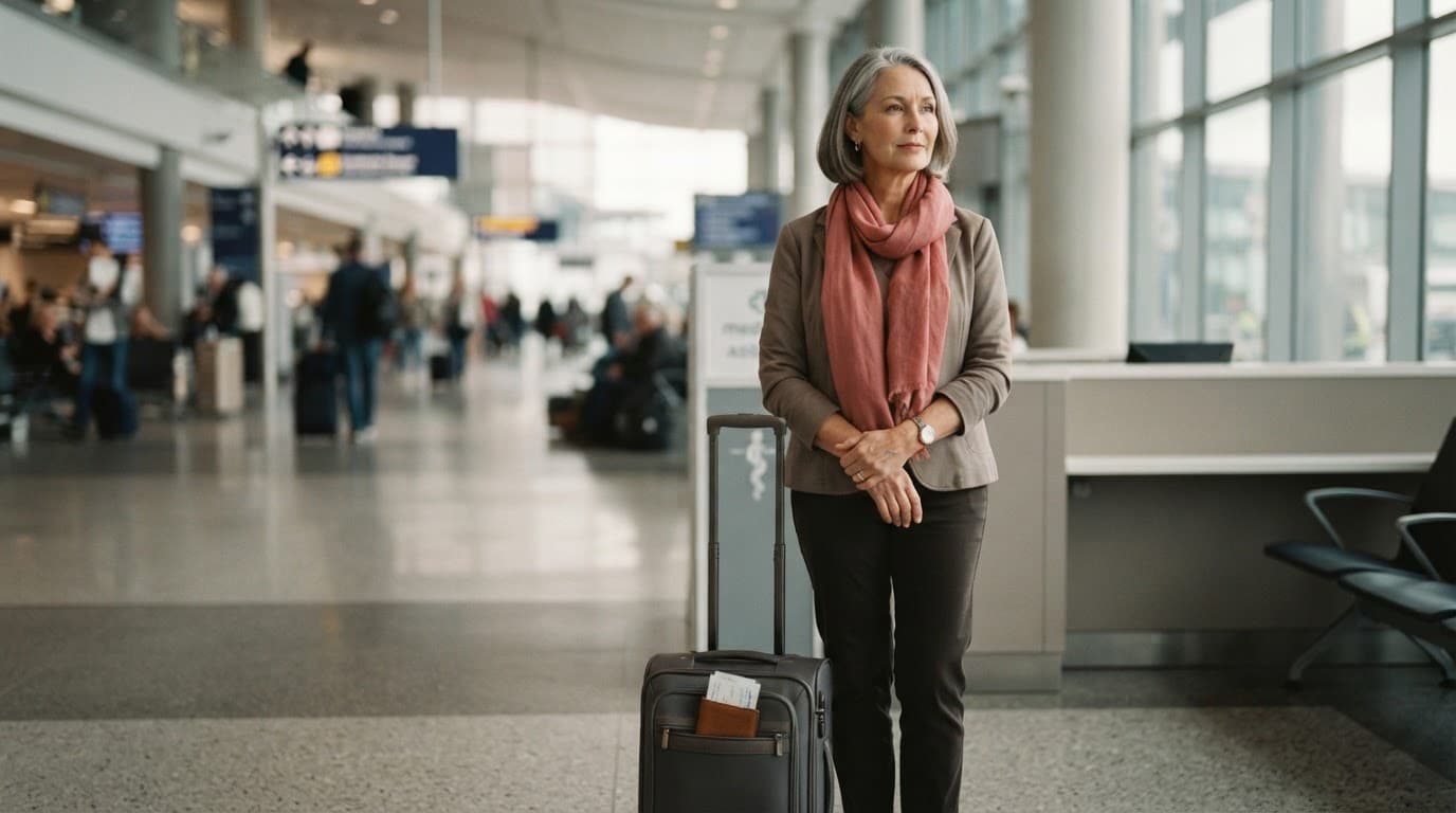 Mature woman with a suitcase at an airport medical assistance area.