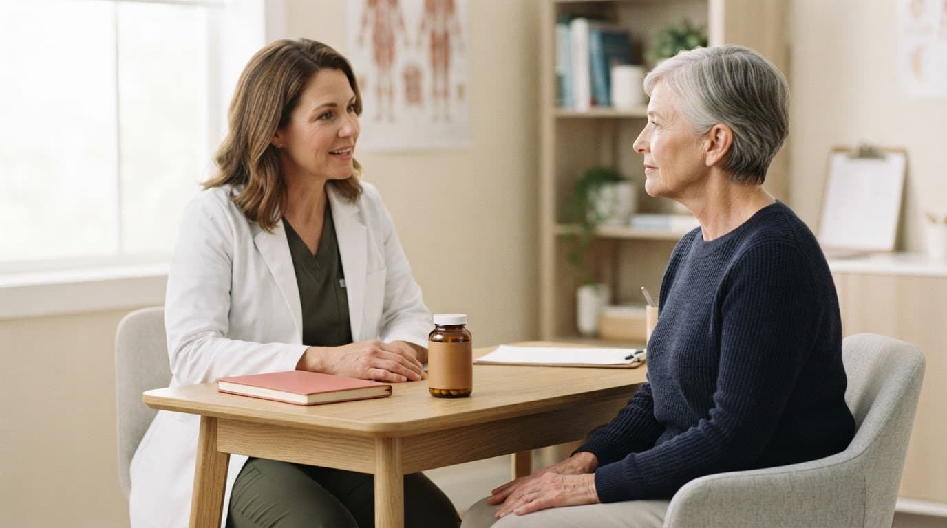 An older woman discusses a vitamin bottle with a clinician across a small clinic table.