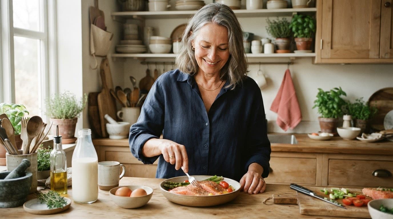 Woman preparing salmon, eggs, and fortified milk in a bright kitchen.