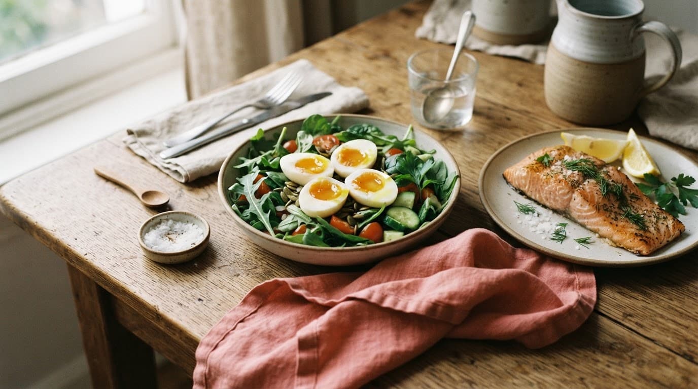 Grilled salmon, greens, and eggs arranged on a rustic table with a coral kitchen towel.