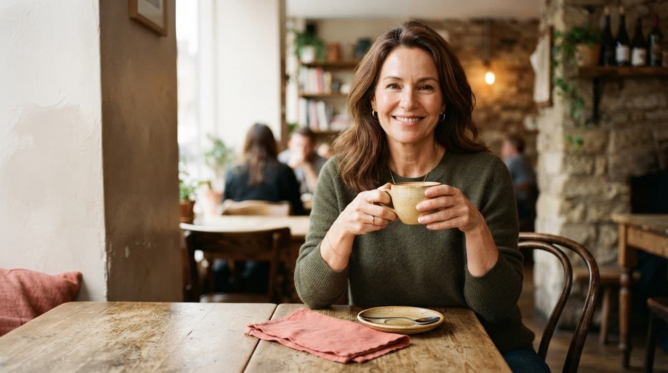 Smiling woman holding a coffee mug at a cozy café table.