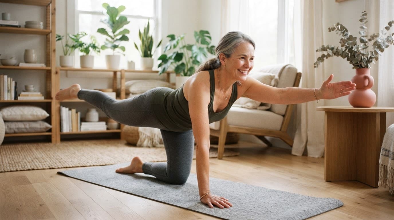 Smiling older woman stretching on a yoga mat in a peaceful, plant-filled living room.