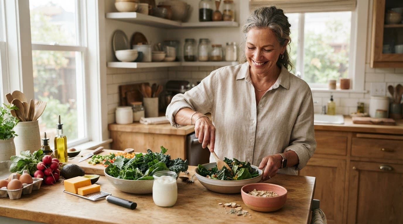 Mature woman preparing leafy greens and dairy foods in a sunny kitchen.