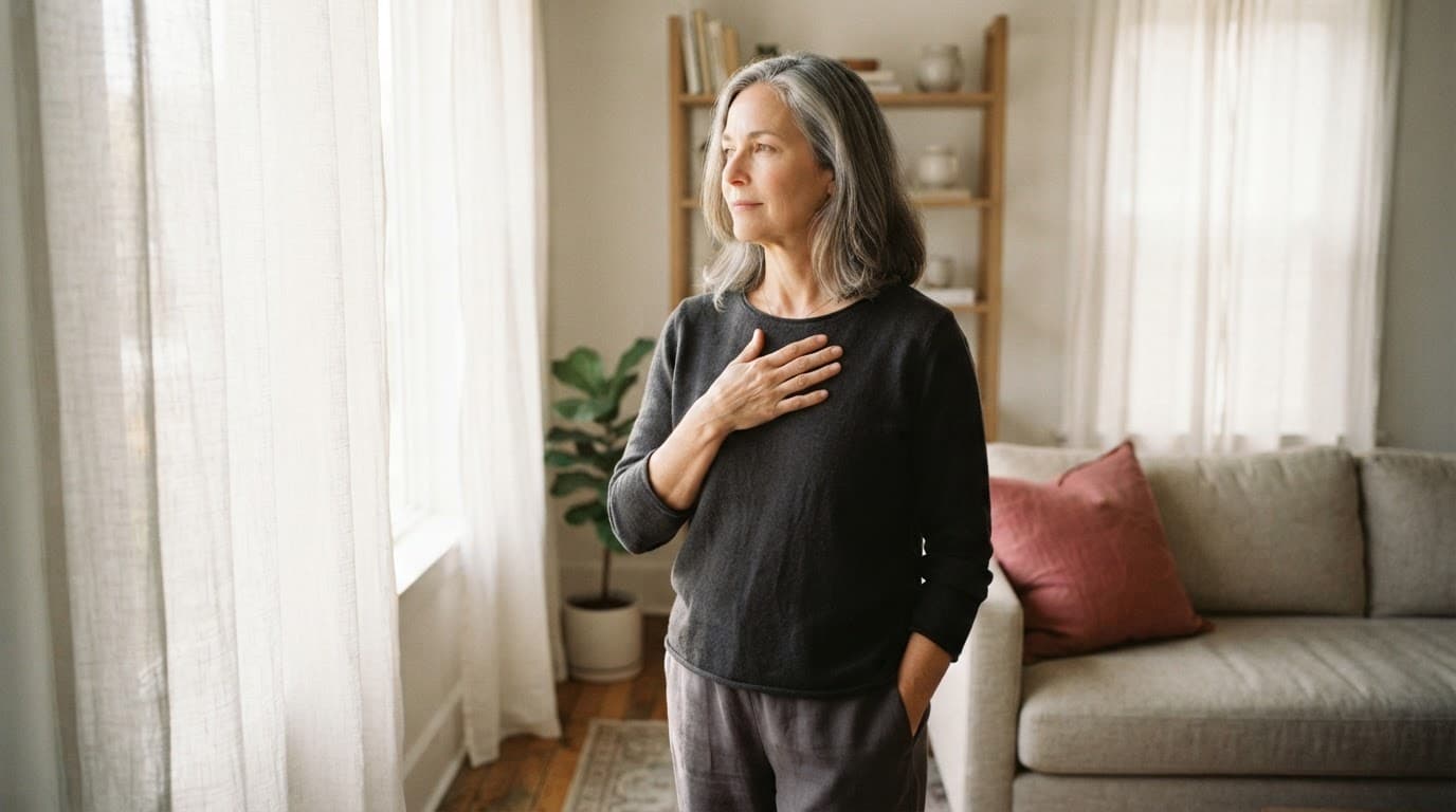 Woman standing by a sunny window with one hand near her heart.