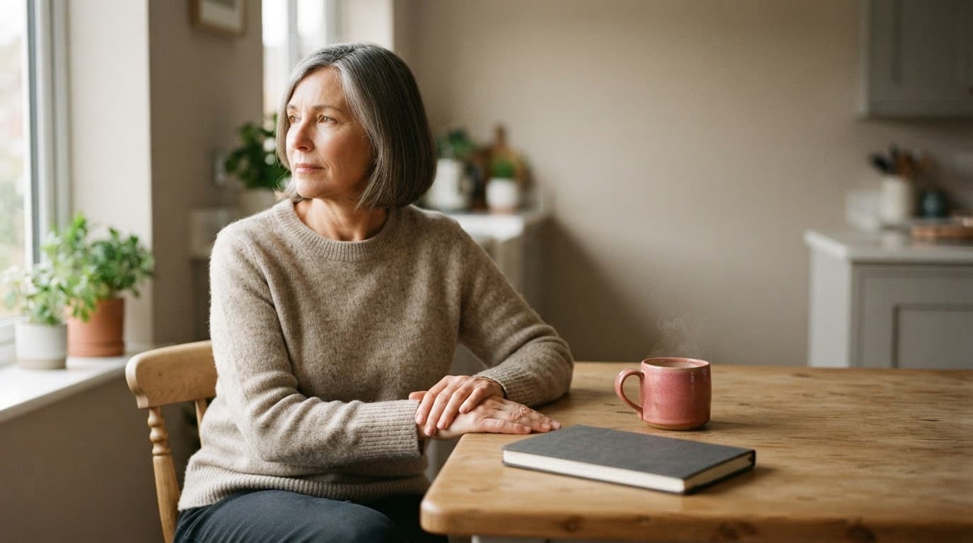Woman sitting at a kitchen table with a closed journal and dusty rose mug.