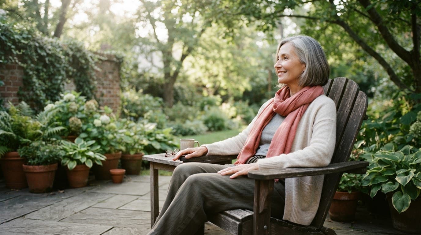 Woman in a cardigan relaxing on a garden patio in soft morning sunlight.