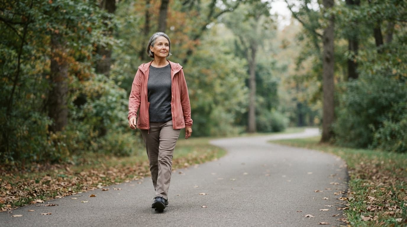 A woman in a coral jacket walks along a leafy park path.