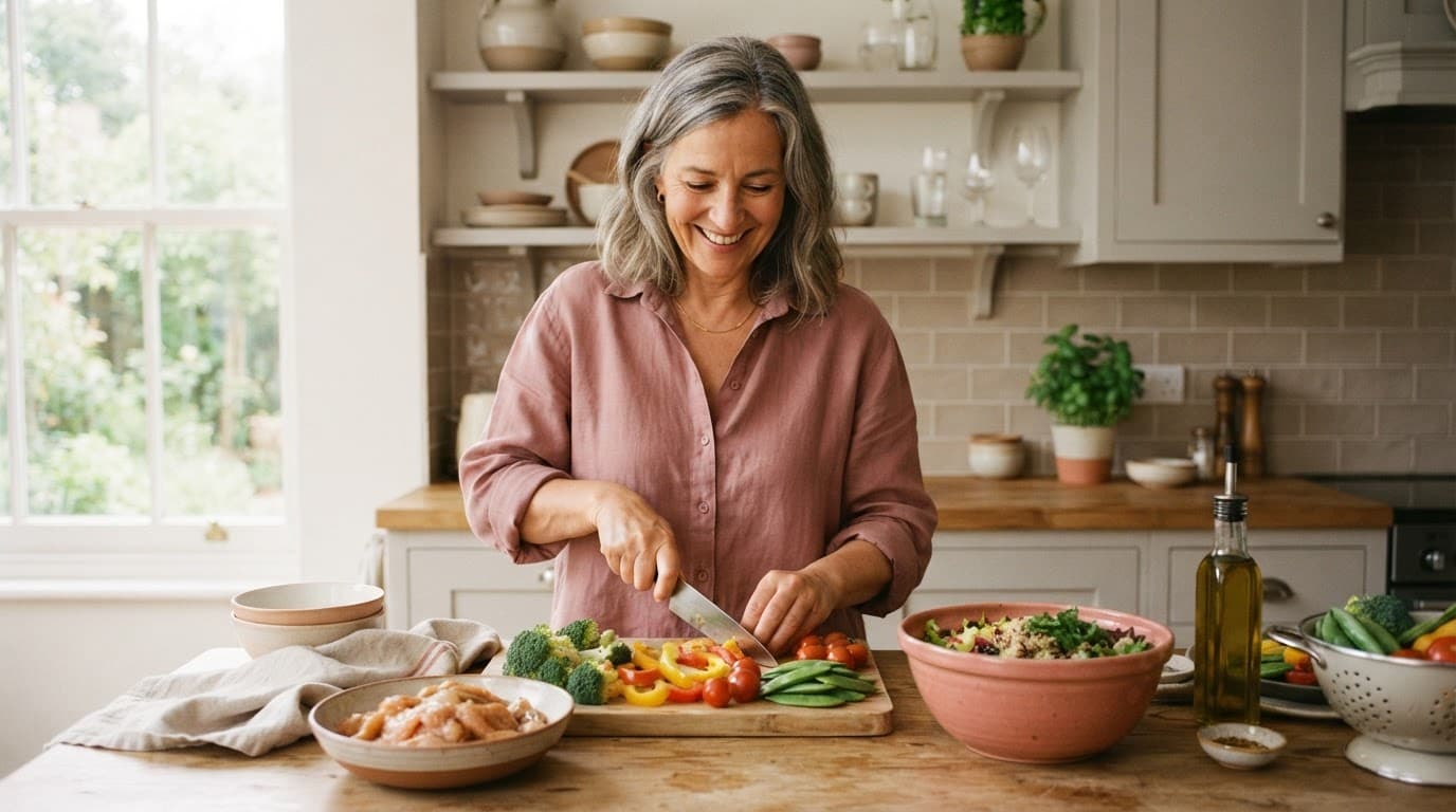 A woman prepares vegetables and lean protein on a wooden kitchen counter.